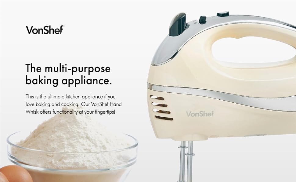 VonShef Professional 300W Hand Mixer, Cream, Includes Chrome Beaters