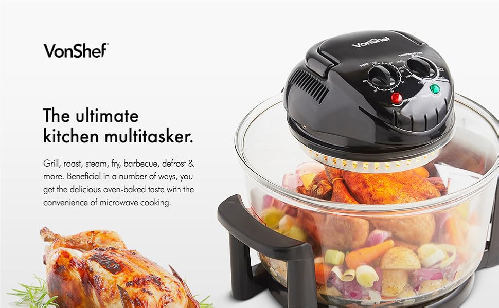 VonShef Premium 12L Black Halogen Air Fryer Oven 1400W, Includes 8