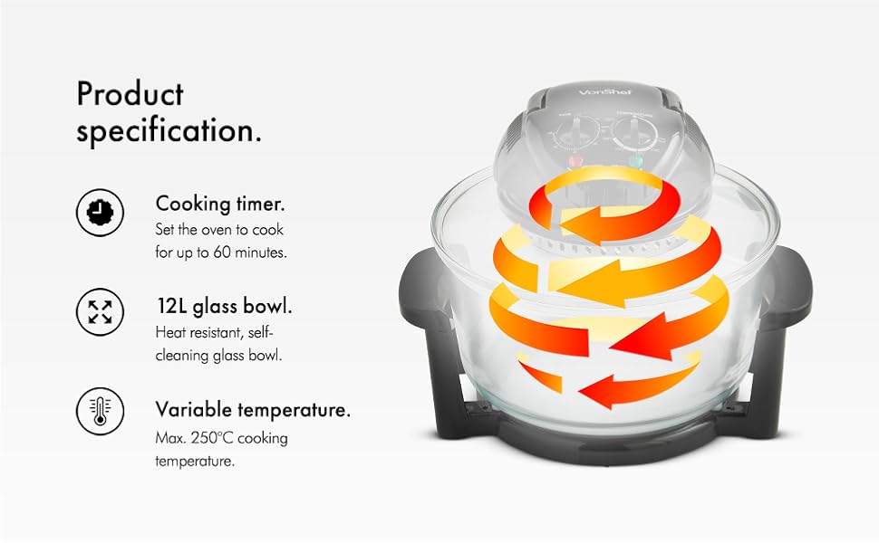 VonShef Premium 12L Black Halogen Air Fryer Oven 1400W, Includes 8