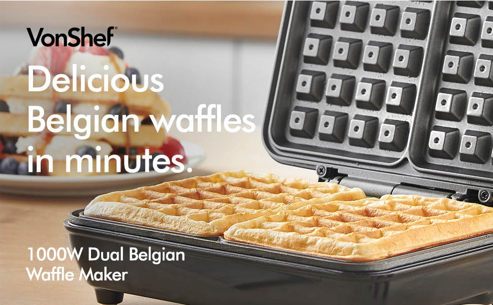 VonShef Dual Belgian Waffle Maker 1000W Compact Stainless Steel