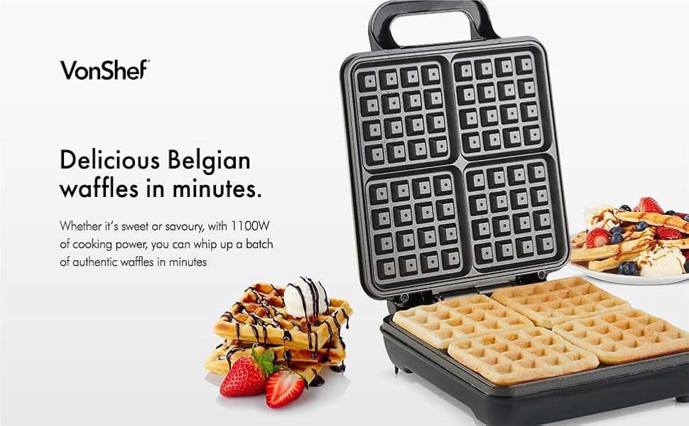 VonShef Quad Belgian Waffle Maker 1100W Compact Design with Nonstick