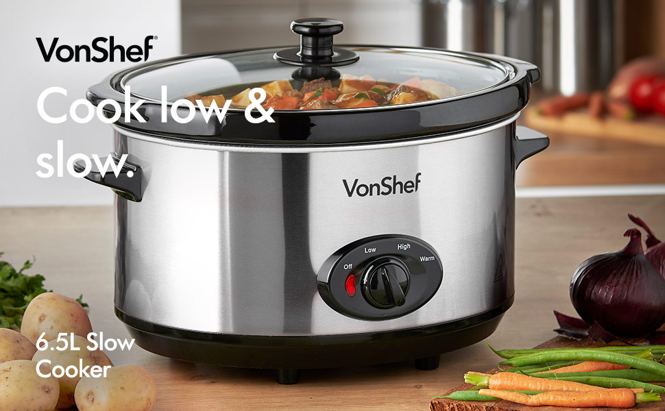 VonShef Slow Cooker 6.5L with Easy Clean Removable Oven to Table Dish, Glass Lid & 3 Heat