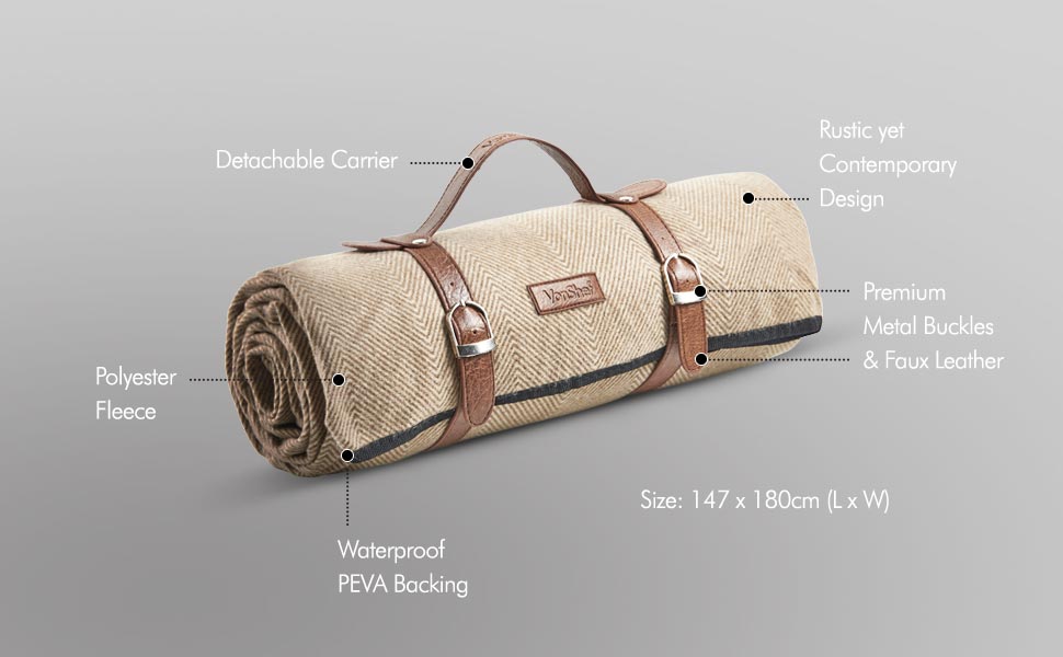 VonShef Picnic Blanket with Waterproof Lining Beige Herringbone