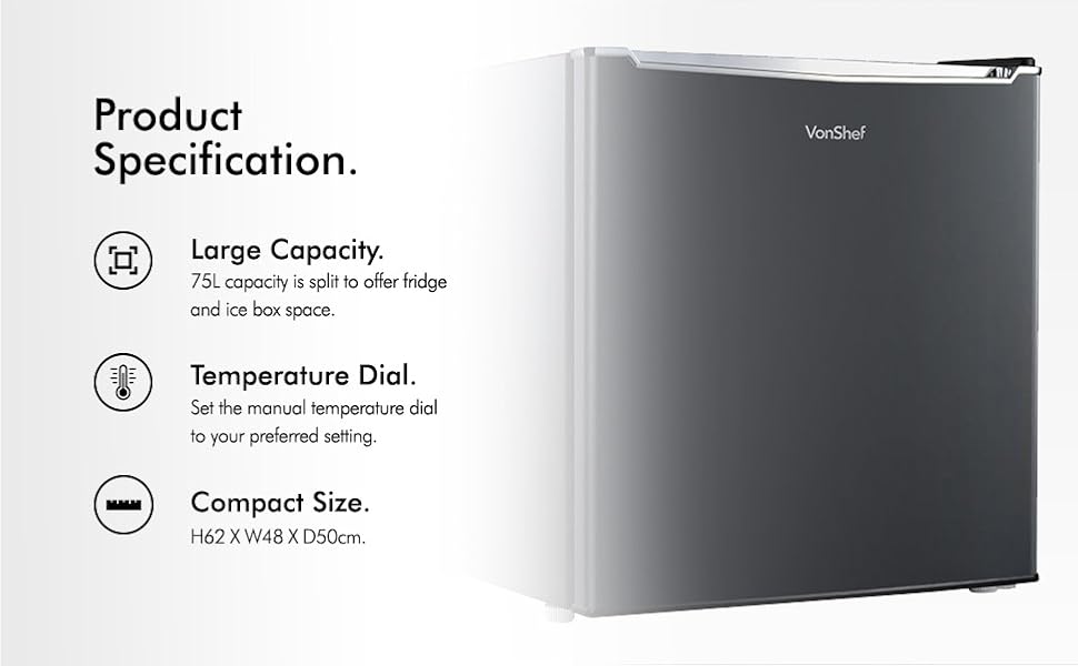 VonShef 75L Freestanding Under Counter Fridge with Ice Box and Adjustable Temperature Control