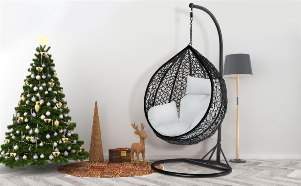 Yaheetech Black Rattan Hanging Swing Chair,Stand+Cushion+Cover,150kg