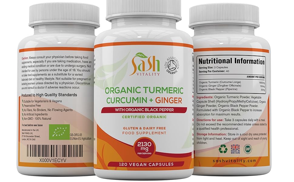 organic turmeric blak pepper ginger absorption joint pain relief capsules tablets root powder high