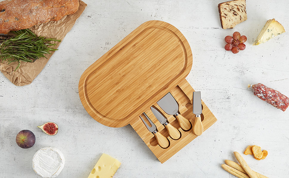 VonShef Bamboo Cheese Board, Oval Serving Tray with Stainless Steel