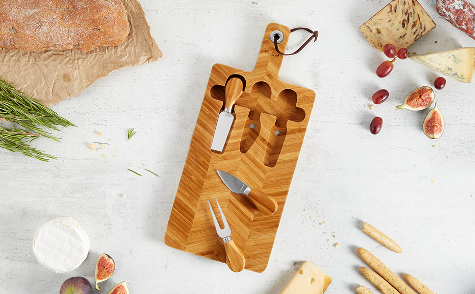 VonShef Herringbone Cheese Board & Knife Set 100 Bamboo Serving