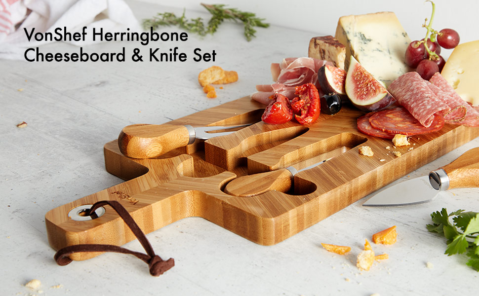 VonShef Herringbone Cheese Board & Knife Set 100 Bamboo Serving