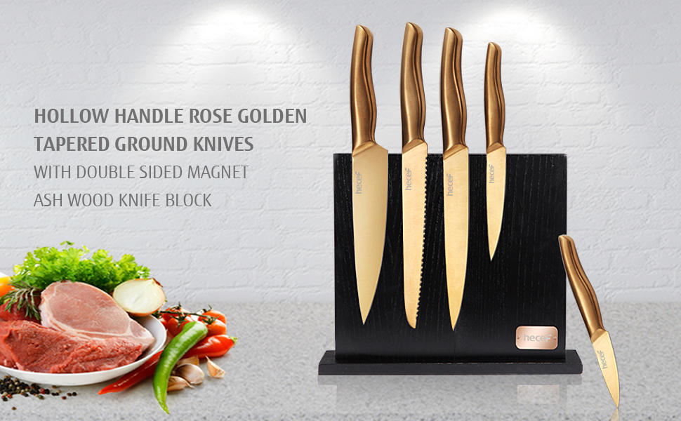 Hecef 6 Piece Kitchen Knife Block Set,All Metal Construction Hollow