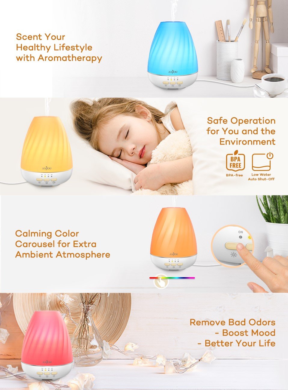 Essential Oil Diffuser Anjou Ultrasonic 200mL Aroma Diffuser with Mist