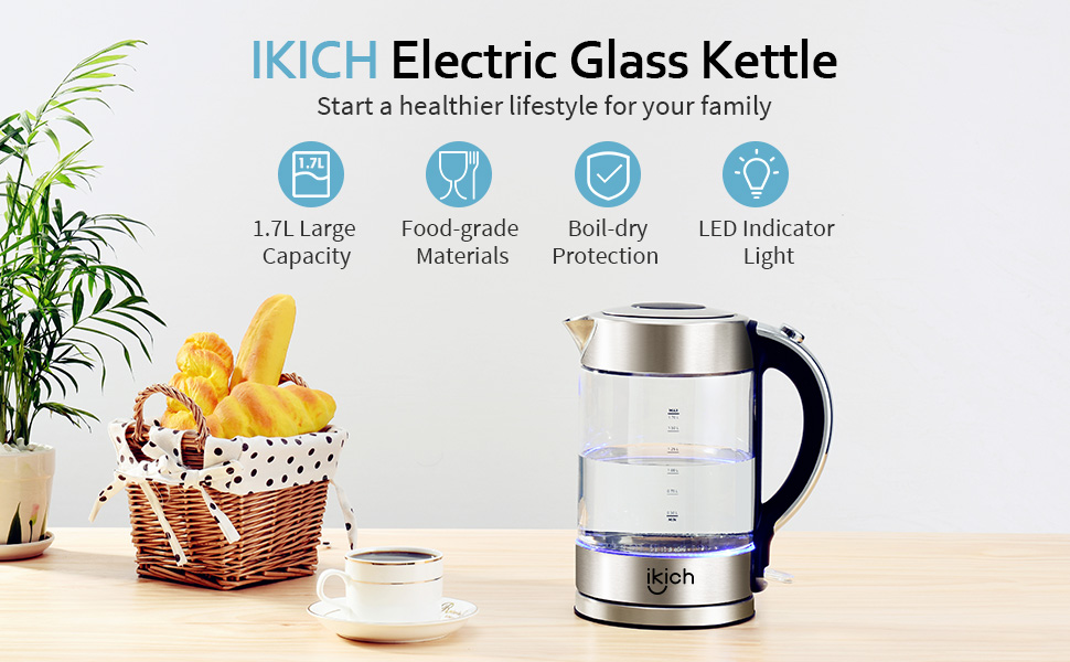 iKich Illuminated Glass Electric Kettle, 1.7L Eco Water Kettle with