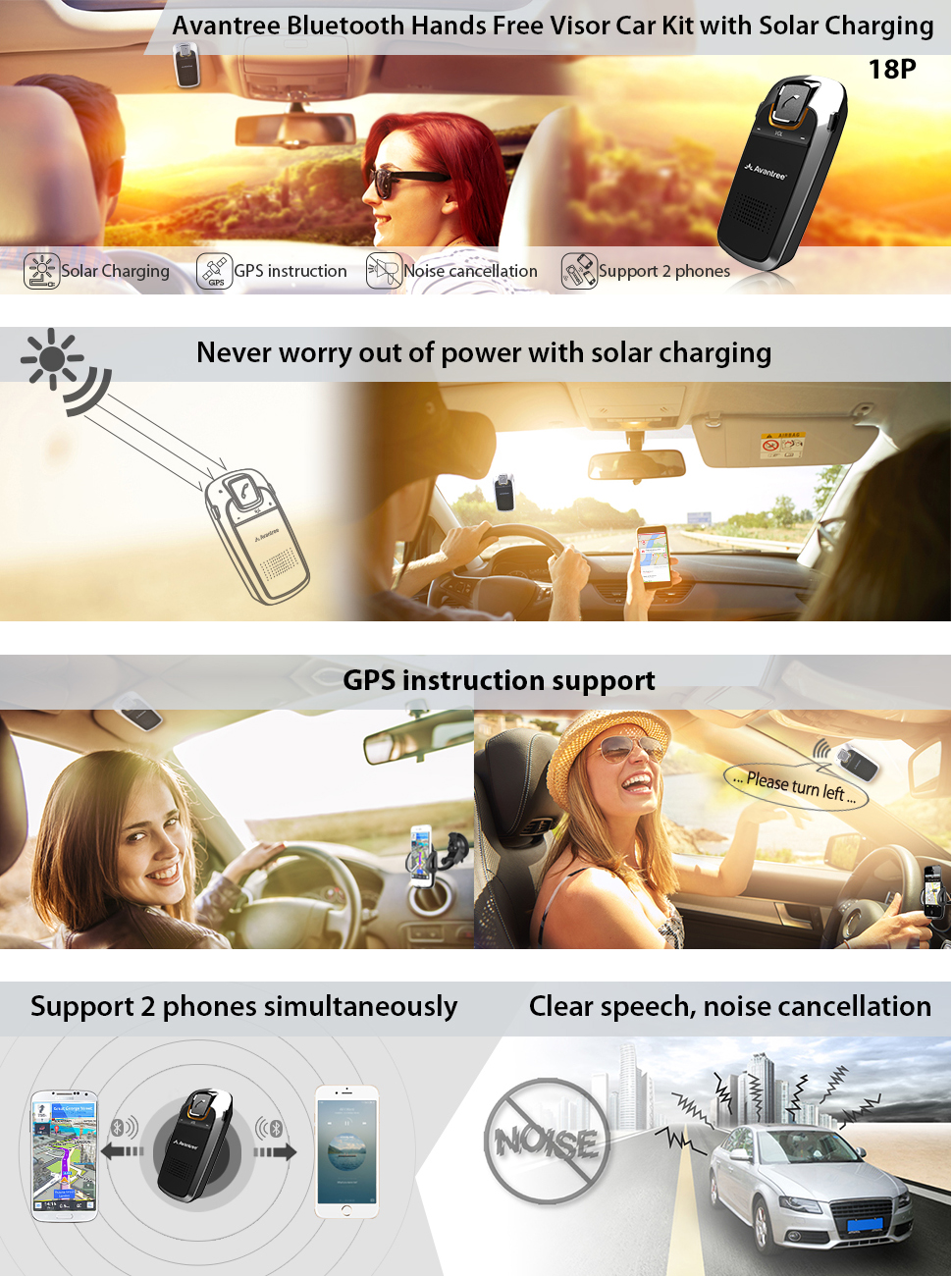Avantree Solar Charging Bluetooth Hands Free Visor Car Kit, for
