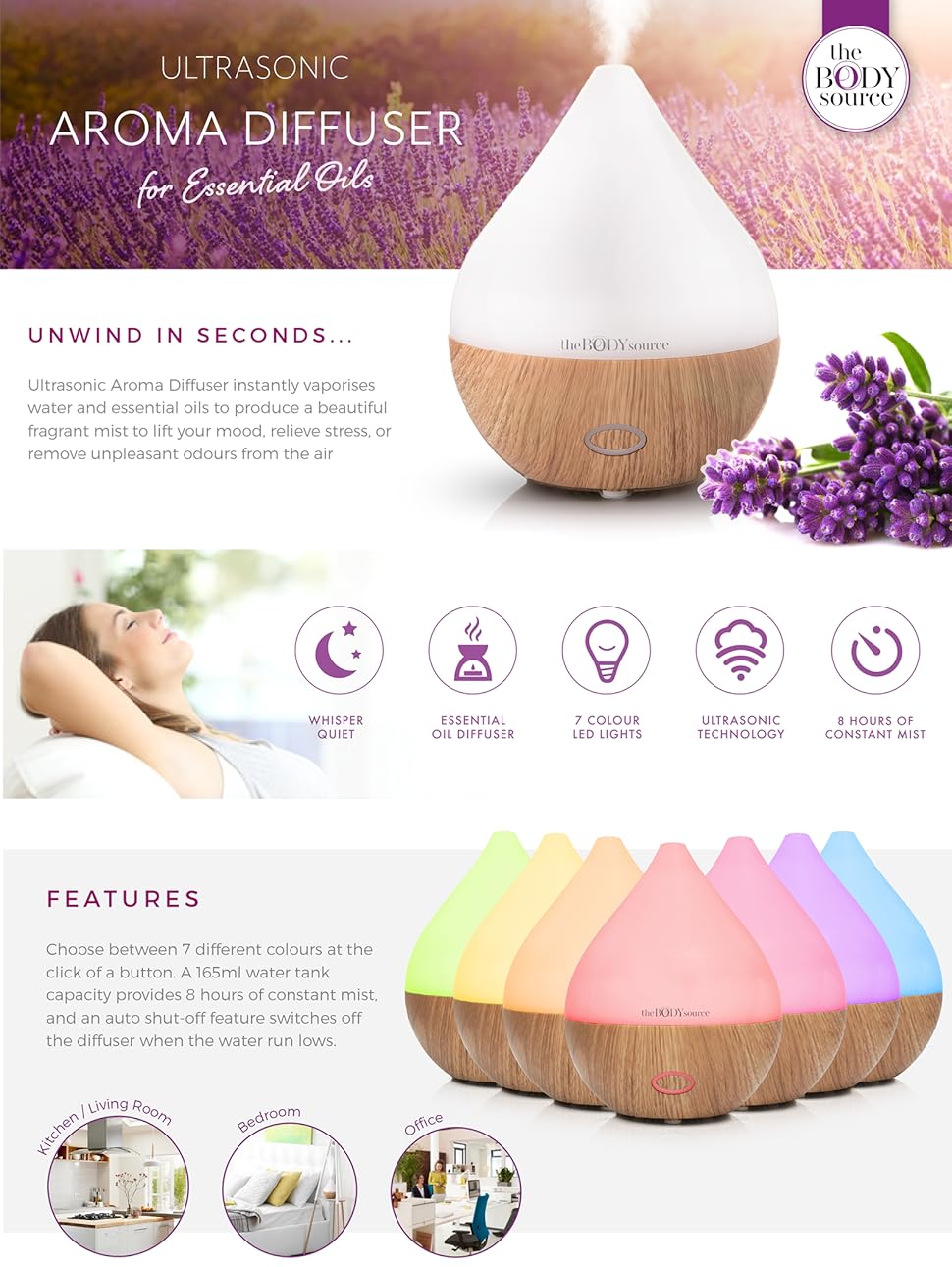 The Body Source® Aroma Diffuser for Essential Oils with 7 Colour LED