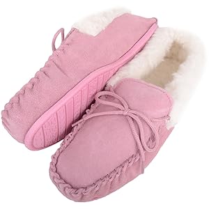 SNUGRUGS Ladies Beige/Camel Suede Moccasin Slippers with Wool Lining, Wool Cuff and Rubber Sole. Made in UK. Sizes 3 to 9 11 Ladies Wool Cuff Moccasins