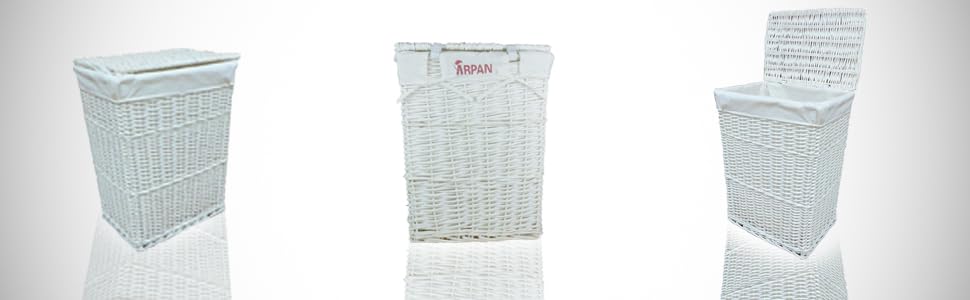 ARPAN Wäschekorb aus Weidengeflecht, groß, mit weißem Futter