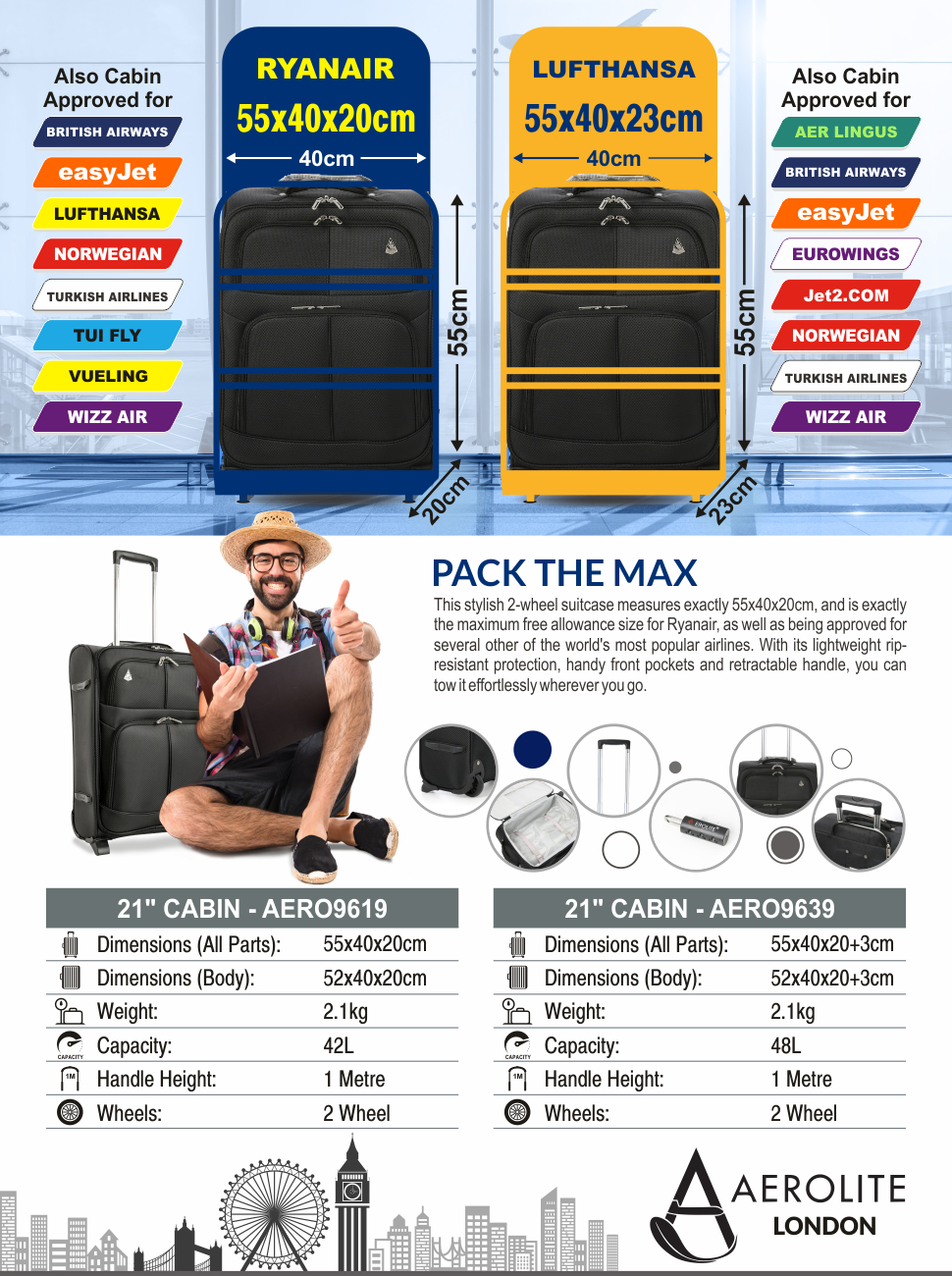 Expandable To 55x40x23cm 48l For Lufthansa Norwegian Aerolite