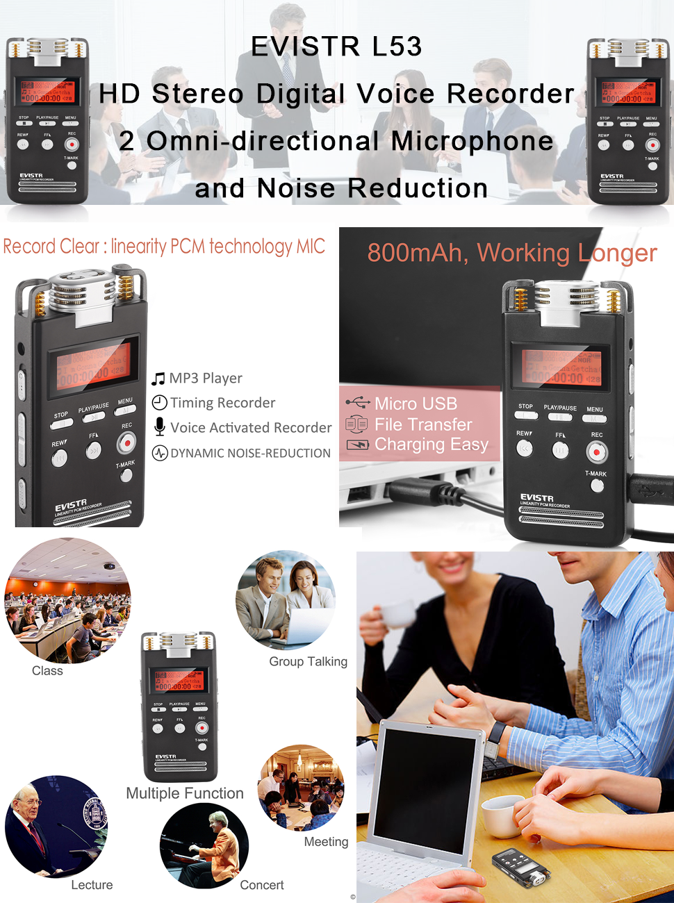 EVISTR Digital Voice Activated Recorder 8GB Portable Dictaphone High