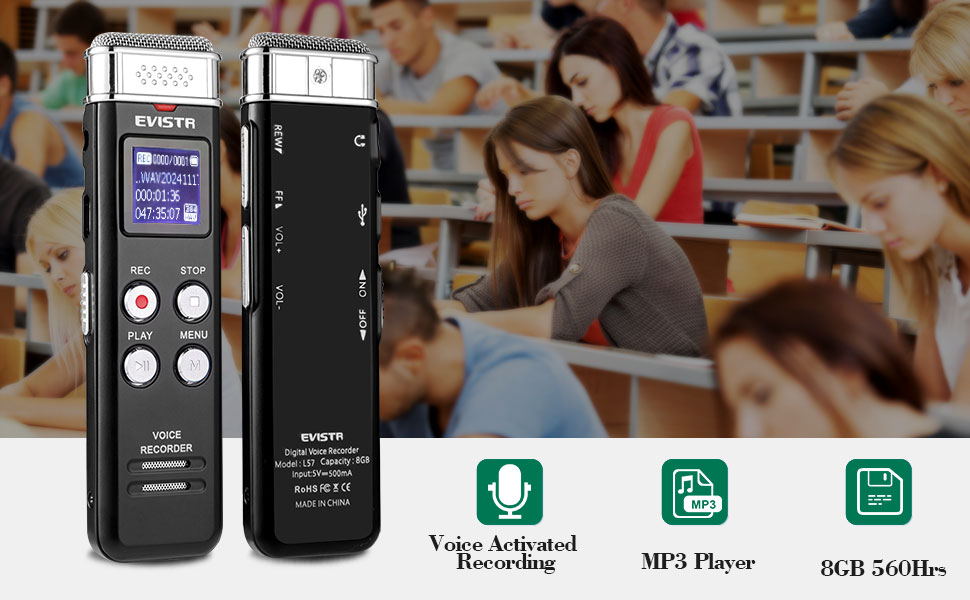 EVISTR Slim Digital Voice Recorder Black 8GB/560 Hours Capacity