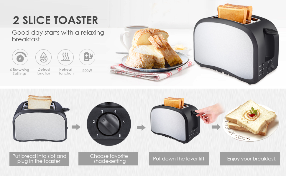 CUSIBOX Toaster 2 Slice, Compact Two Slice Toasters With 6 Browning Settings Quickly Toasts