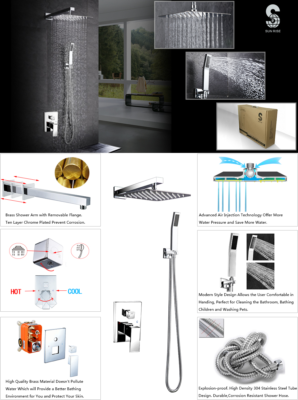 S R SUNRISE Shower Systems, Stainless Steel & Brass, Chrom Badezimmer