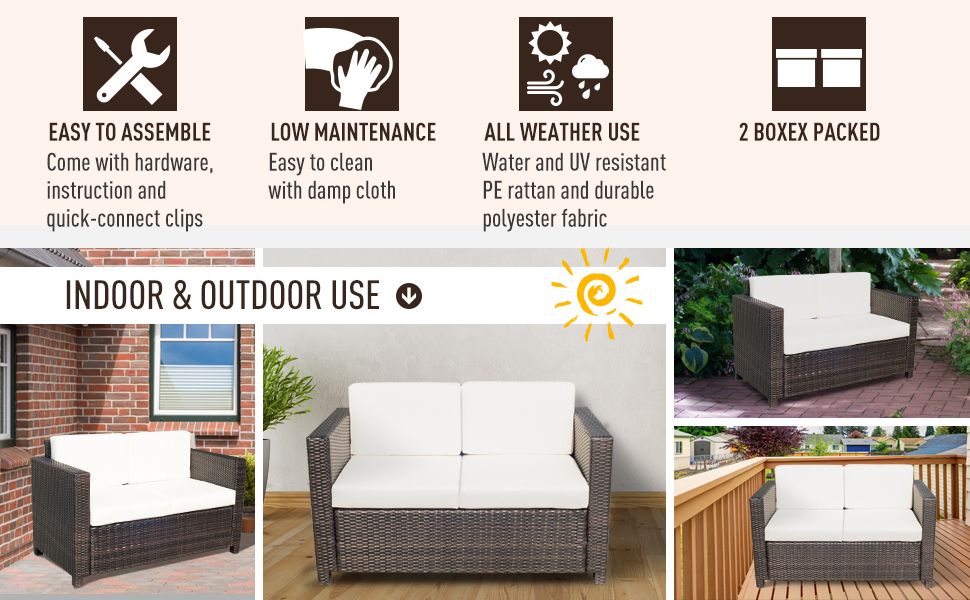 Outsunny Rattan Wicker 2-seat Sofa Loveseat Padded Garden Furniture Brown 15 Outsunny Rattan Wicker 2-seat Sofa Loveseat Padded Garden Furniture Brown -Outdoor Furniture Store