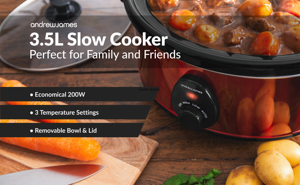 Andrew James Slow Cooker, Tempered Glass Lid, Ceramic Bowl, Easy Clean