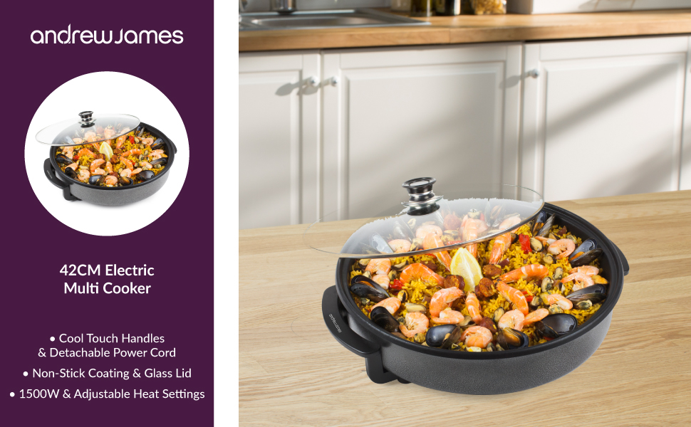 Andrew James 42cm Electric Multicooker with Adjustable Temperature