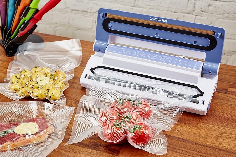 Andrew James Vacuum Food Sealer with 15 Reusable Bags in 2 Sizes, 2 in