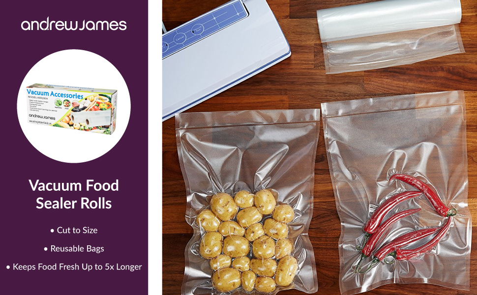 Andrew James Food Vacuum Sealer Rolls Pack of 2 Rolls 28cm Wide x 5m