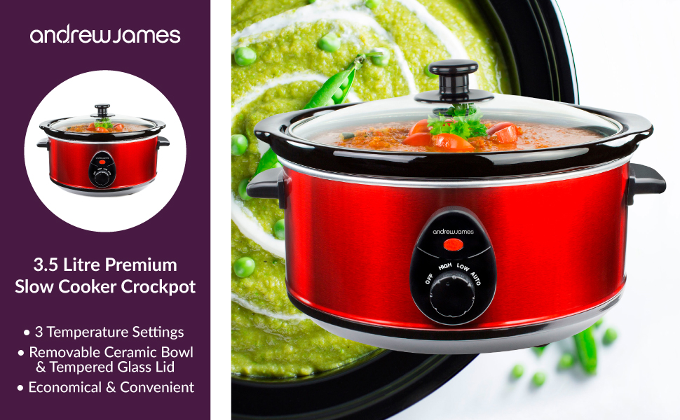 Andrew James Slow Cooker 3.5 Litres Tempered Glass Lid & Removable