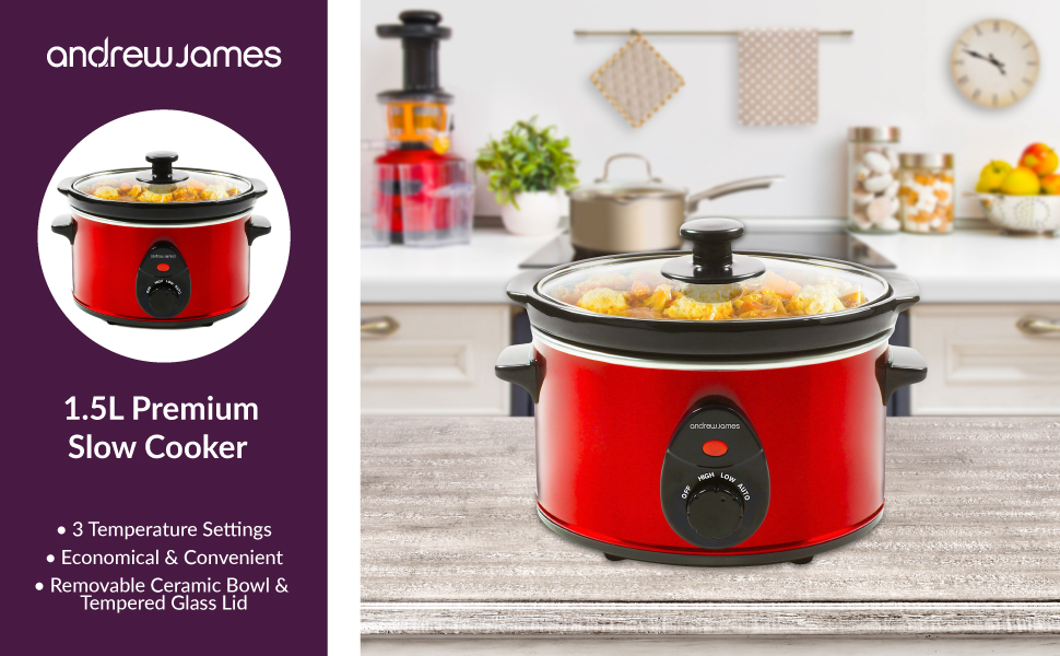 Andrew James Slow Cooker 1.5L Tempered Glass Lid & Removable Ceramic