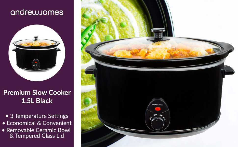 Andrew James Slow Cooker 1.5 Litres Tempered Glass Lid & Removable