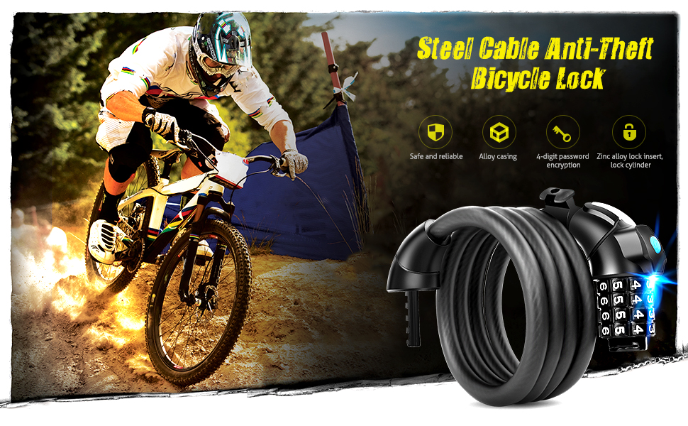 Bicycle Padlock with LED Light, 5 Feet Bicycle Lock Cable Self