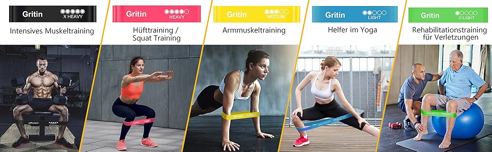 Gritin Fitnessbander 5er Set Widerstandsbander Gymnastikband