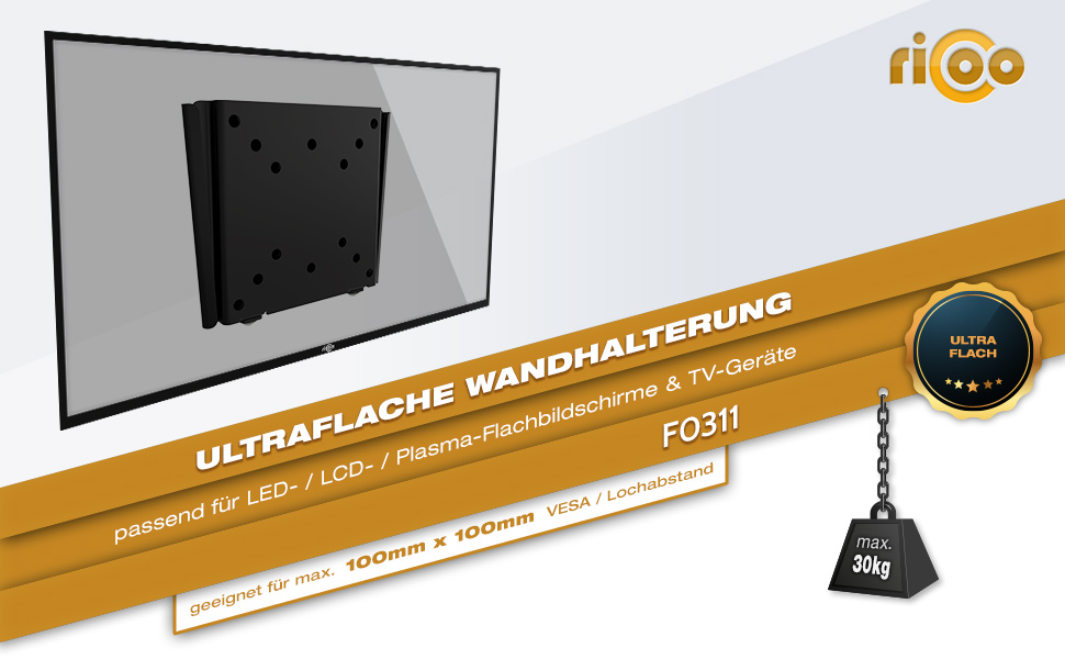 RICOO Monitorhalterung Monitor Wandhalterung Starr F0311 LED LCD TV TFT  Flach Wand Halterung Curved PC Computer Bildschirm für 33-81 cm / 13-32  Zoll / VESA 50x50 75x75 100x100