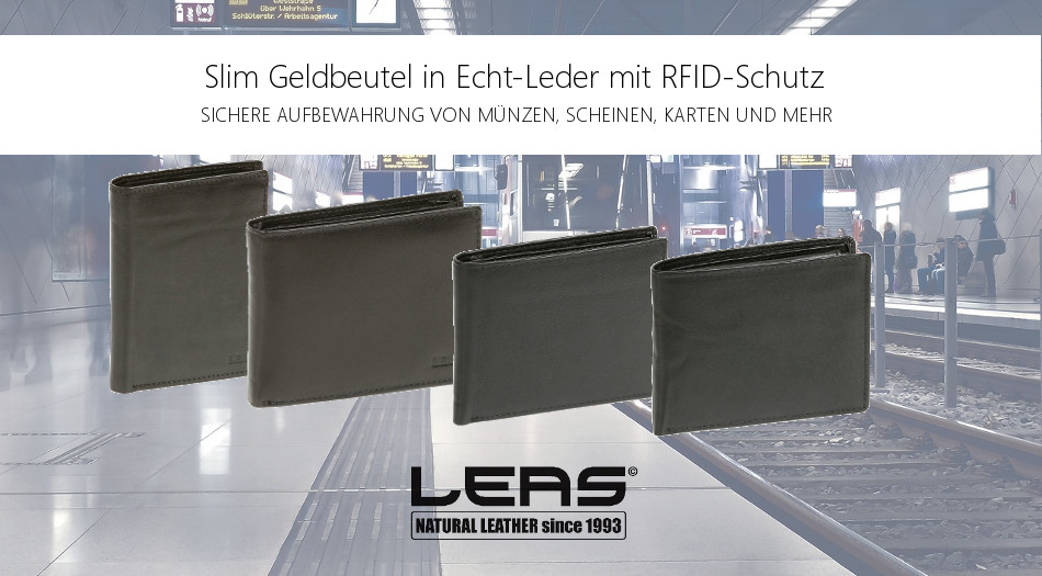 LEAS Geldbörse Herren extra dünn mit RFID Schutz, Herren Geldbeutel flach  in Echt-Leder, Portmonee im Querformat, schwarz : : Fashion