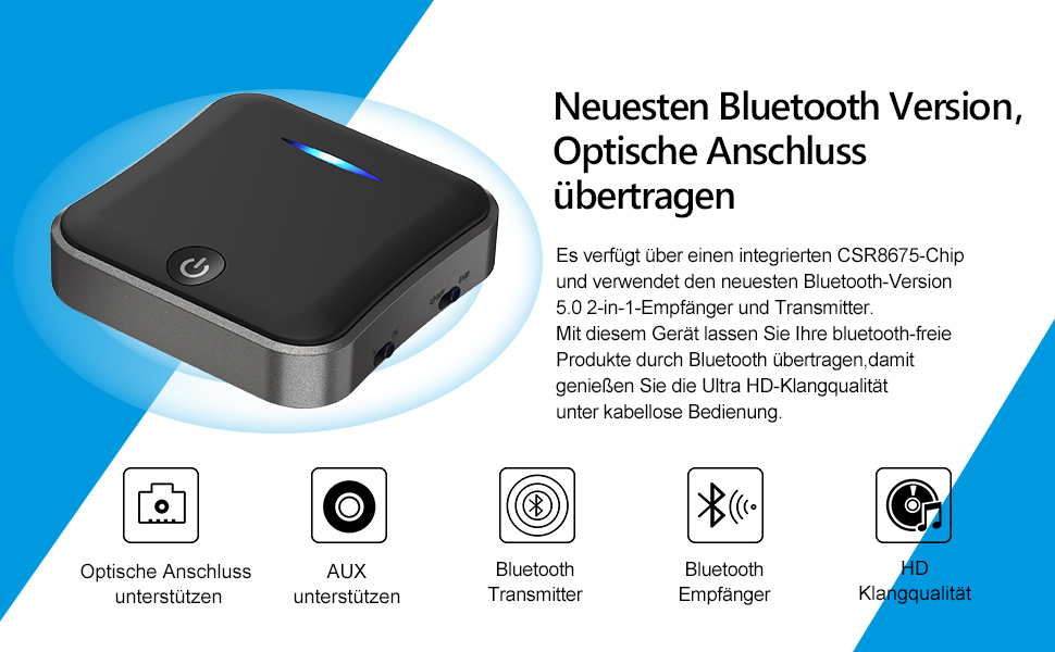 HiGoing Bluetooth 5.0 Transmitter Sender Empfänger, Digital Optisches
