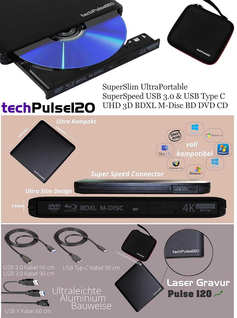 techPulse120 Externes UltraHD UHD 4k 3D MDISC BDXL HDR10 100GB USB 3.0