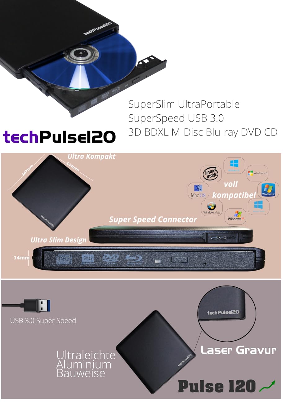 techPulse120 USB 3.0 Externer MDisc BDXL BluRay Superdrive Laufwerk