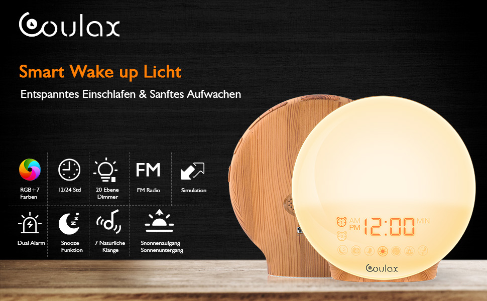 COULAX Lichtwecker Wake Up Licht Wecker Sonnenaufgang Sonnenuntergang