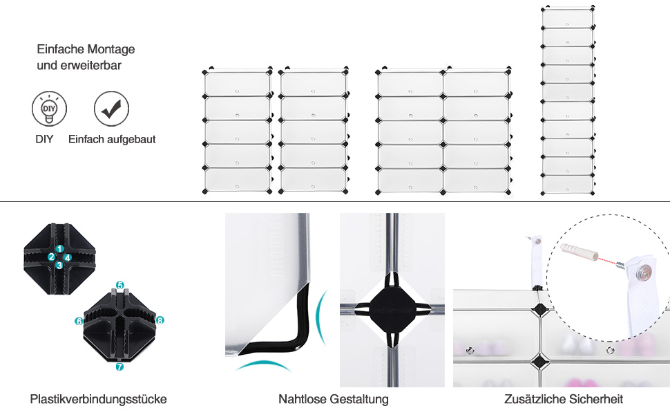 Songmics Schuhregal, DIY, Schuhschrank Mit Tür, 10 Ebenen, Aus PP-Kunststoff, Schuhablagen, Mit Gummihammer Und Umkippschutz, Halbtransparent Weiß LPC10W 13 1