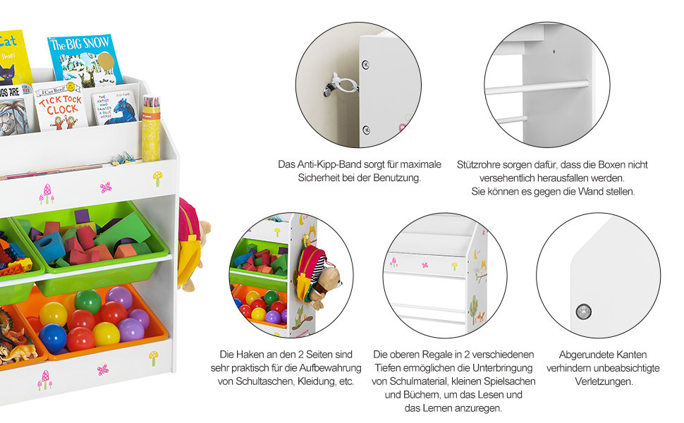 SONGMICS Aufbewahrungsschrank für Kinder, 3-stöckiges Bücherregal und 6 herausnehmbare Behälter ...