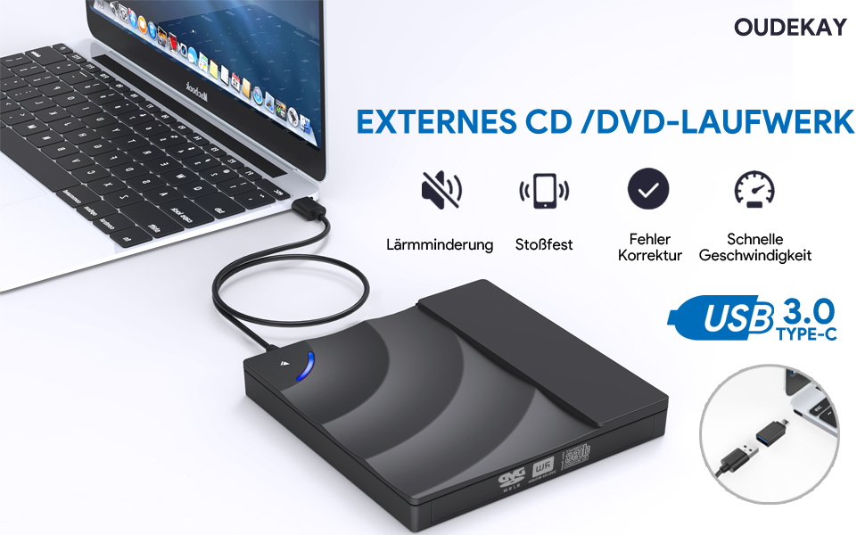 Externes DVD Laufwerk,OUDEKAY USB 3.0 Type-C Dual Port: Amazon.de ...