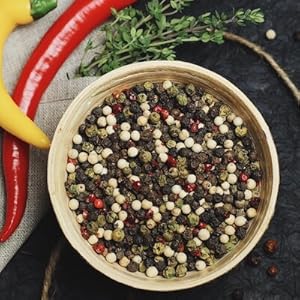 Bunter Pfeffer chili schoten schüssel schwarz weißer grüner schinusbeeren rote Pfefferbeeren