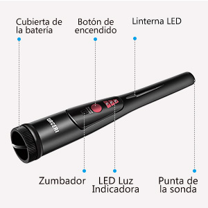 URCERI 2007 Detector de Metales Portátil, de mano, Pinpointer de Alta Sensibilidad, zumbador, con Linterna LED, Impermeable, Escaneo Lateral de 360°, ...