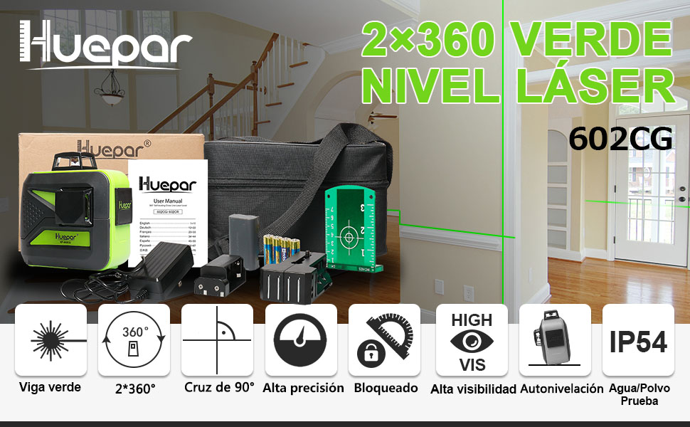 Huepar 602CG Nivel láser autonivelante verde 2x360 Línea cruzada 40m nivelación y alineación en dual planos - dos líneas verticales 360° y una línea ...