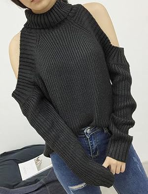 Amazon Zhongjue ジュージェン レディース ニットセーター タートルネック 肩出し オフショルダー セーター ゆったり 韓国ファッション プルオーバーセーター 無地 フェミニン 防寒 セーター Freesize黒 セーター 通販