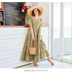 Amazon Co Jp 神戸レタス Vネック 半袖 ティアード ボリューム ロング ワンピース レディース E29 ワンサイズ M ピンク 服 ファッション小物