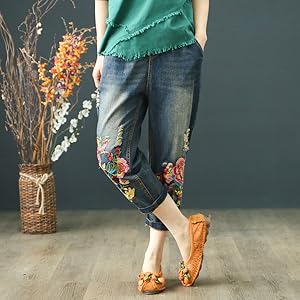 Amazon | [HEYGIRL] レディース デニムパンツ 刺繍 花柄 ロング